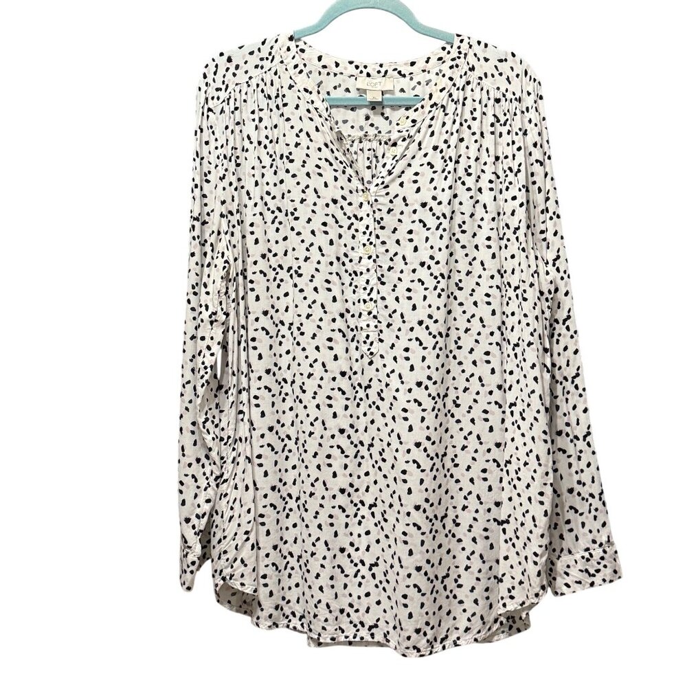 Loft size XL white dot print  long sleeve 1/2 button flowy rayon tunic top